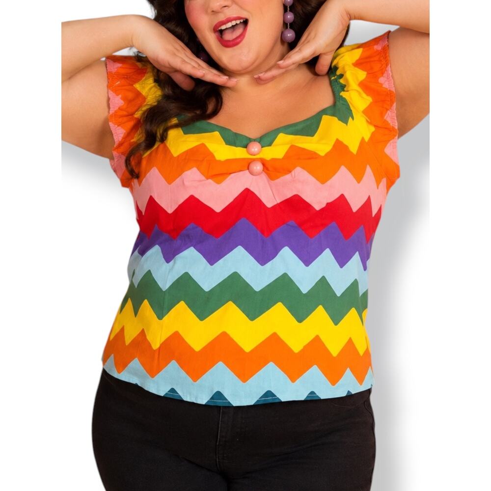 Collectif London Dolores Rainbow Chevron Top New Size 16 Retro Pinup Rockabilly